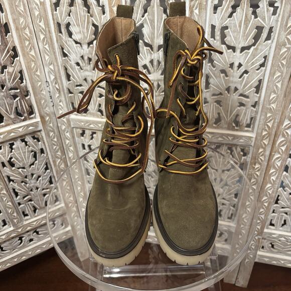 Free People DYLAN Green Suede Lace Up Zip Heeled Combat Boots Women 38 $140 - Picture 1 of 8